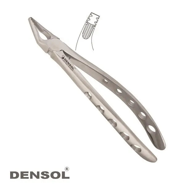 Atraumatic Extraction Forceps Upper Premolars #35: Stainless steel dental tool with curved beak design, anatomical handle with holes for lightweight grip, and specialized shape for gentle upper premolar tooth extraction, shown with inset diagram of tooth engagement.