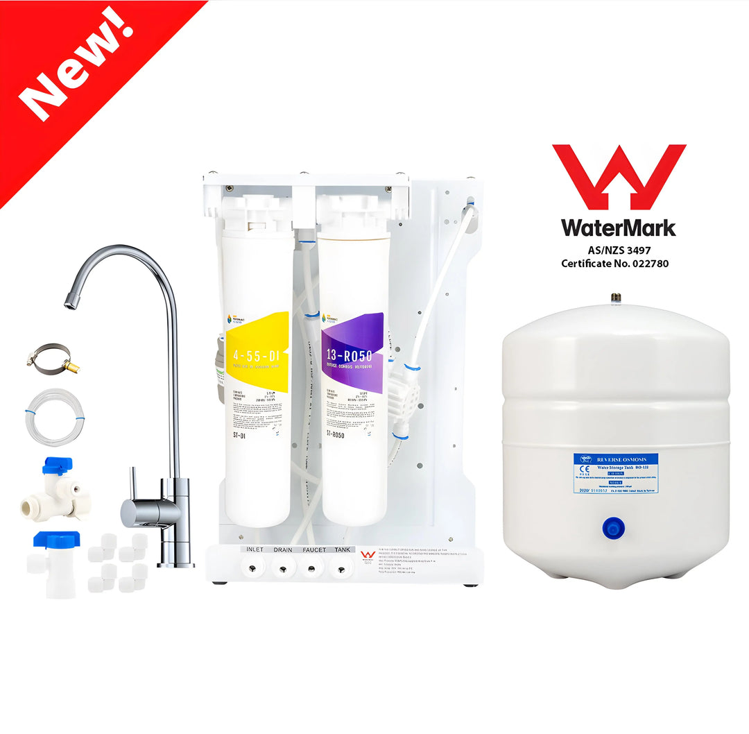 Autoclave Water Purification System for Australia: 5-stage RO/DI filtration unit with storage tank, faucet, and WaterMark certification, designed for medical and dental clinics to produce ultra-pure water for sterilization equipment.