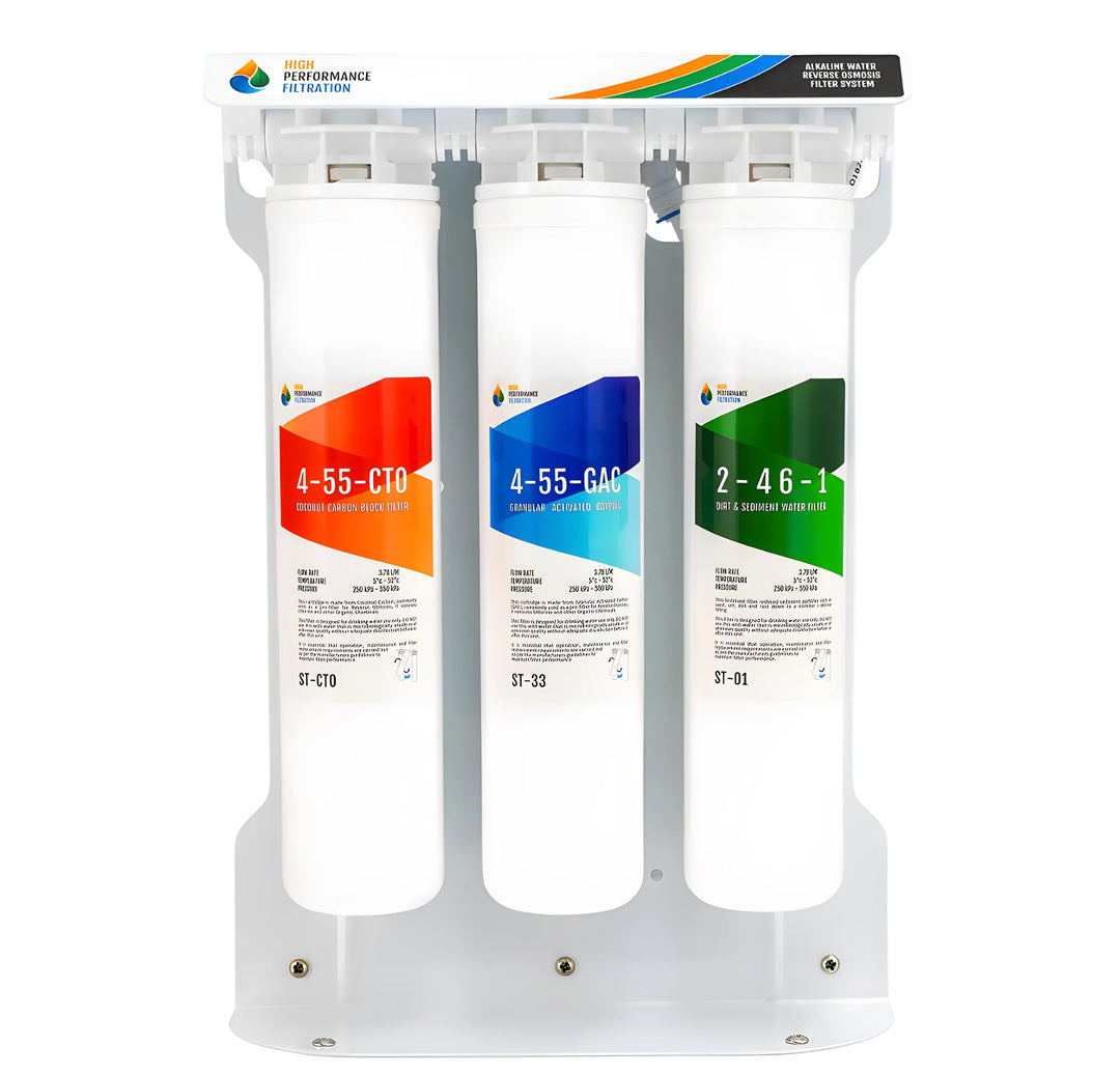 Autoclave Water Purification System with three color-coded filter cartridges for high-performance RO/DI water filtration, designed for Australian clinics and medical facilities.