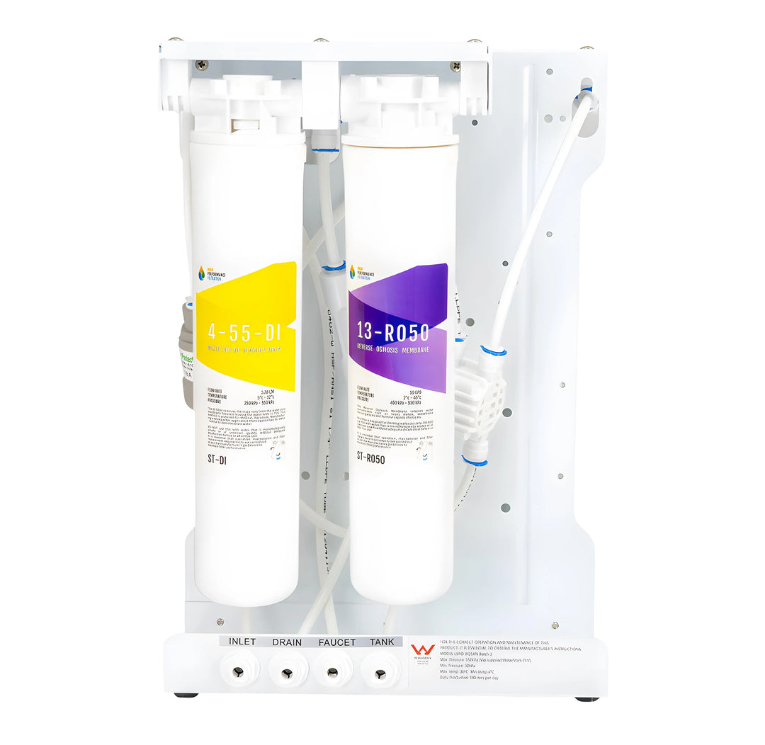 Autoclave Water Purification System featuring a compact white unit with multiple filter cartridges for high-performance RO/DI water filtration, ideal for sterilization in Australian medical and dental clinics.