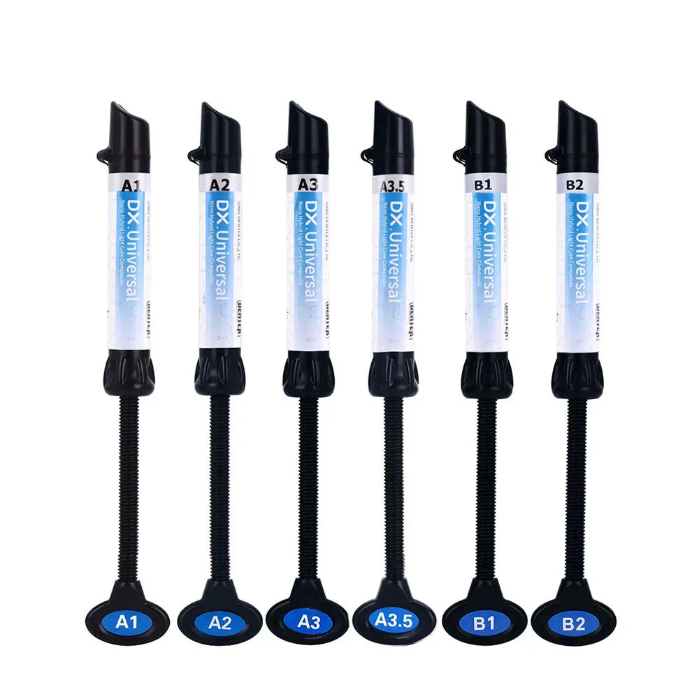 Six dental universal nano hybrid light cure composite resin syringes in various shades A1, A2, A3, A3.5, B1, and B2, each containing 4g of material for dental restorations and treatments, displayed in a row with blue labels and black applicator tips.