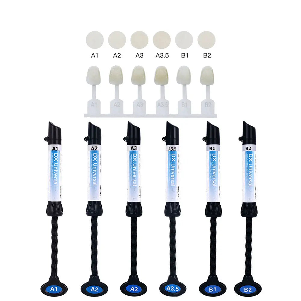 Dental Universal Nano Hybrid Light Cure Composite Resin syringes in A1, A2, A3, A3.5, B1, B2 shades with corresponding color samples on applicator tips, showcasing the product's range for dental restorations