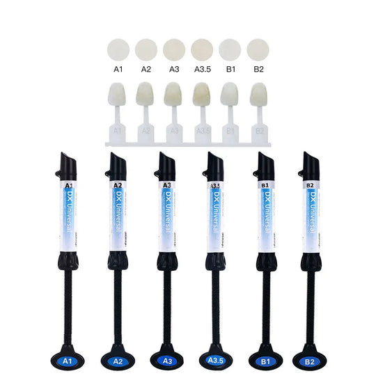 Dental Universal Nano Hybrid Light Cure Composite Resin syringes in A1, A2, A3, A3.5, B1, B2 shades with corresponding color samples on applicator tips, showcasing the product's range for dental restorations