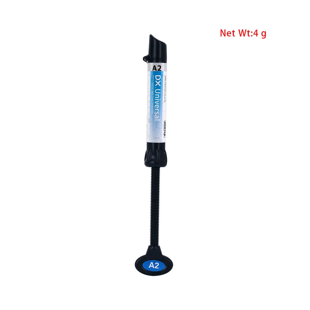 Dental Universal Nano Hybrid Light Cure Composite Resin A2 syringe with 4g net weight, featuring blue label and black applicator tip, designed for dental restorations and suitable for various shades including A1, A2, A3, A3.5, B1, and B2