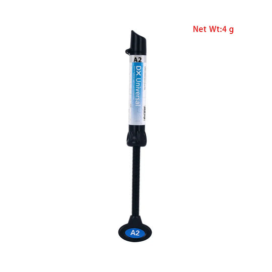 Dental Universal Nano Hybrid Light Cure Composite Resin A2 syringe with 4g net weight, featuring blue label and black applicator tip, designed for dental restorations and suitable for various shades including A1, A2, A3, A3.5, B1, and B2