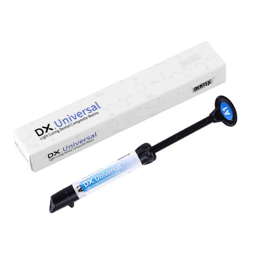 Dental Universal Nano Hybrid Light Cure Composite Resin syringe with packaging, showcasing DX Universal brand product for dental restorations, including 4g syringe and white box container