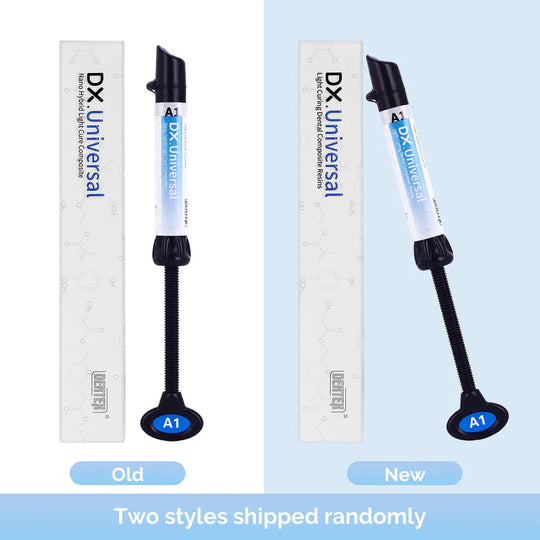 Dental Universal Nano Hybrid Light Cure Composite Resin syringe in A1 shade, shown with packaging. Product for dental restorations, featuring nano hybrid technology and high radiopacity. Available in various shades for anterior and posterior applications.