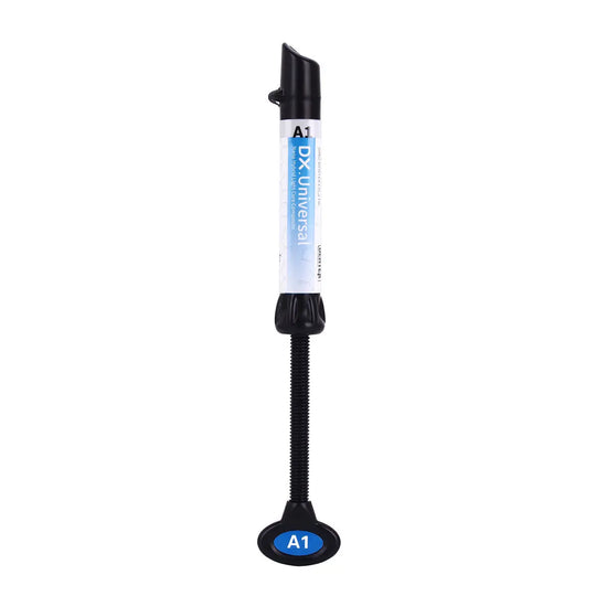 Dental Universal Nano Hybrid Light Cure Composite Resin A1/A2/A3/A3.5/B1/B2 4g Syringe with blue label and black applicator tip, standing upright on circular base labeled A1, for dental restorations and procedures