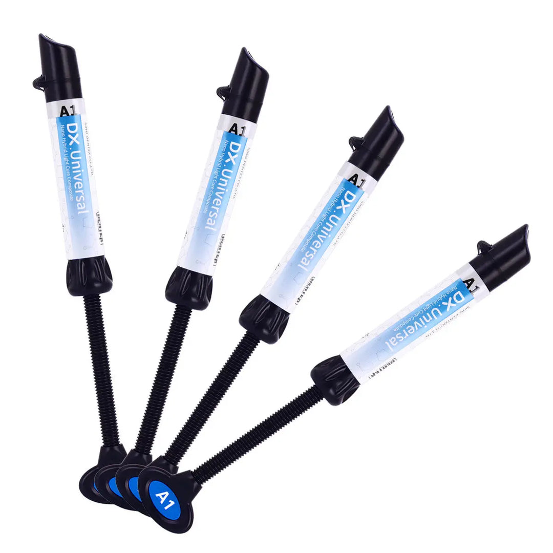 Dental Universal Nano Hybrid Light Cure Composite Resin syringes in A1 shade, displayed in a fan arrangement. Four 4g syringes with blue labeling and black plungers, showcasing the product's dental restoration capabilities.