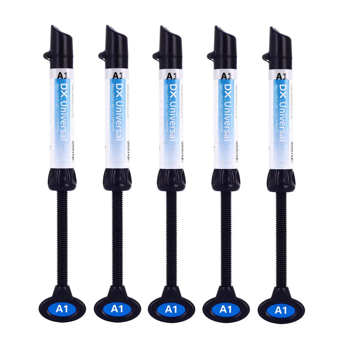 Five syringes of Dental Universal Nano Hybrid Light Cure Composite Resin A1 shade, displaying product packaging with black and blue accents, arranged vertically on a white background