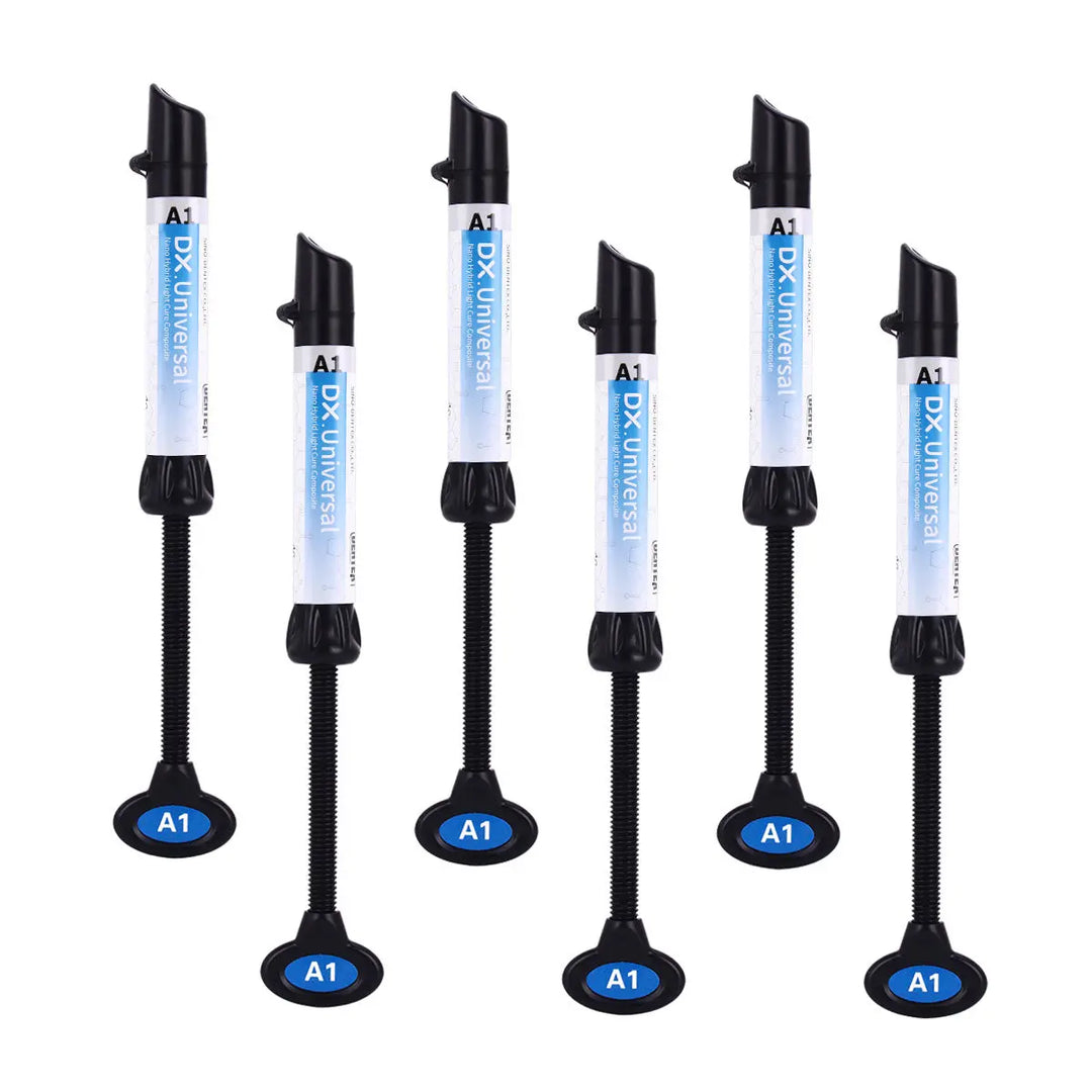 Dental Universal Nano Hybrid Light Cure Composite Resin syringes in various shades, including A1, for direct and indirect dental restorations. Six blue and white syringes with black dispensing tips arranged vertically on a white background.