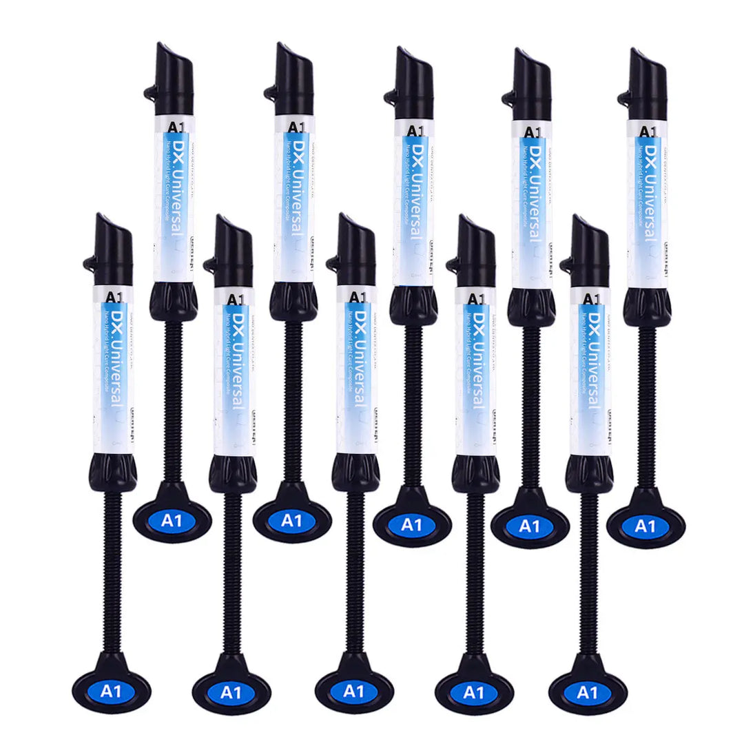 Dental Universal Nano Hybrid Light Cure Composite Resin syringes in A1 shade, displayed in rows with blue labels and black applicator tips, for direct and indirect dental restorations