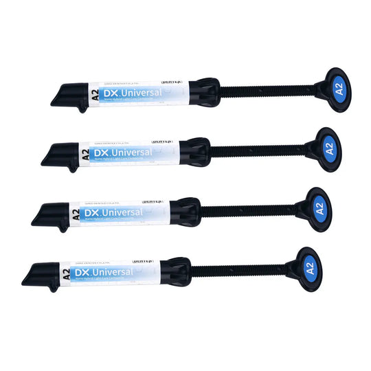 Dental Universal Nano Hybrid Light Cure Composite Resin syringes in A1/A2/A3/A3.5/B1/B2 shades, 4g each. Four white syringes with blue plungers and black tips, labeled DX Universal, for dental restorations.