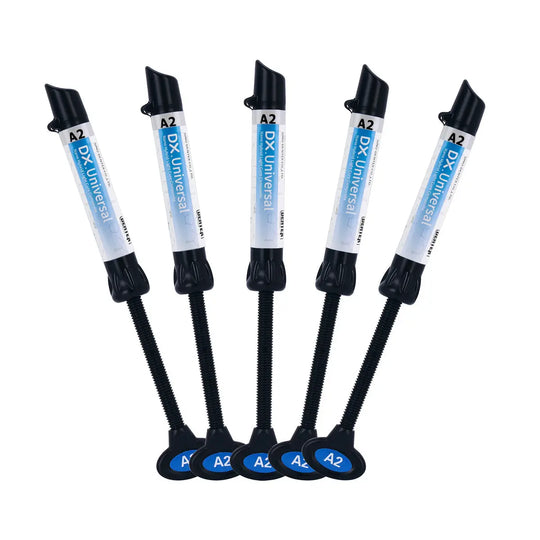 Dental Universal Nano Hybrid Light Cure Composite Resin syringes in A2 shade, featuring blue labels and black applicator tips, arranged in a fan-like pattern showcasing multiple 4g units for dental restorations