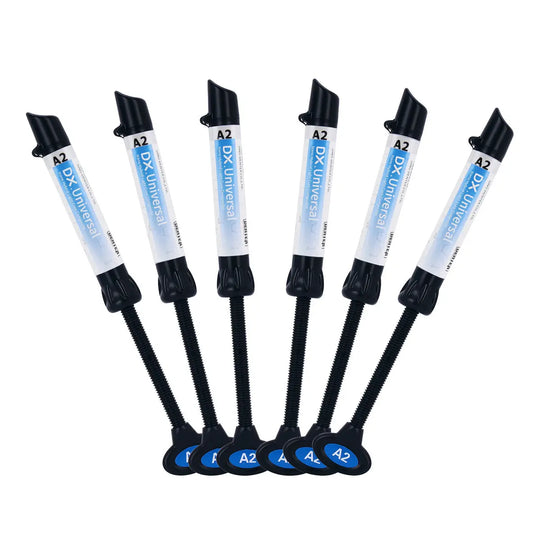 Dental Universal Nano Hybrid Light Cure Composite Resin syringes in various shades, displayed in a fan arrangement showing six 4g syringes with blue labeling and black caps for dental restoration procedures