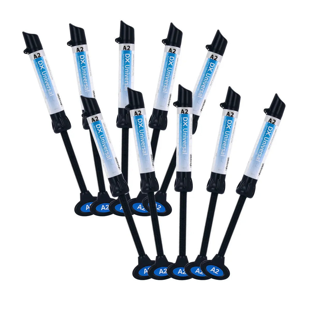 Dental Universal Nano Hybrid Light Cure Composite Resin syringes in various shades, arranged in a fan-like pattern. Blue and white labeled syringes with black dispensers, showcasing the product's versatility and range of color options for dental restorations.