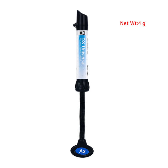 Dental Universal Nano Hybrid Light Cure Composite Resin A3 4g Syringe, featuring blue label and black applicator tip. Dental tool for restorations, with net weight of 4g clearly marked.