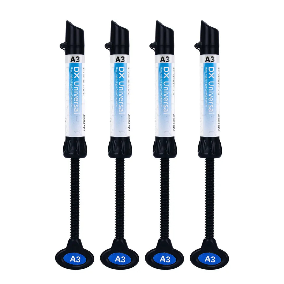 Dental Universal Nano Hybrid Light Cure Composite Resin syringes in A3 shade, displayed in a row of four. Each syringe features a black plunger and blue labeling, showcasing the product's dental restoration capabilities and advanced nano-hybrid technology.