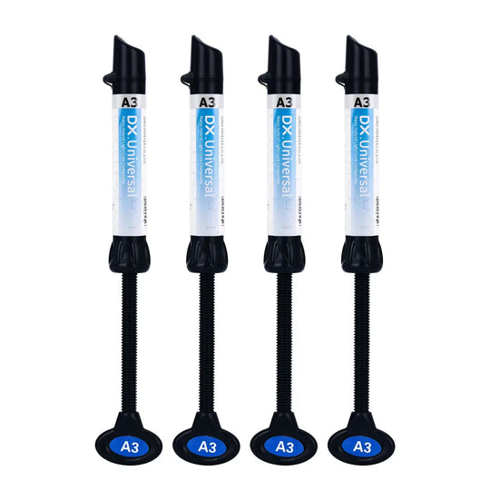 Dental Universal Nano Hybrid Light Cure Composite Resin syringes in A3 shade, displayed in a row of four. Each syringe features a black plunger and blue labeling, showcasing the product's dental restoration capabilities and advanced nano-hybrid technology.