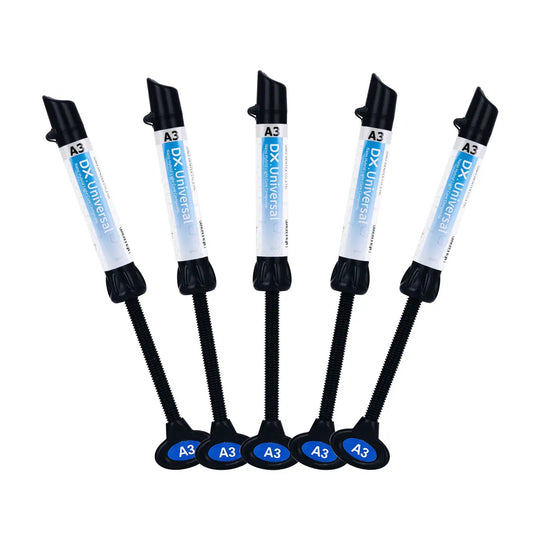 Dental Universal Nano Hybrid Light Cure Composite Resin syringes in various shades A1 to A3.5, arranged in a fan pattern, showcasing the product's range for dental restorations