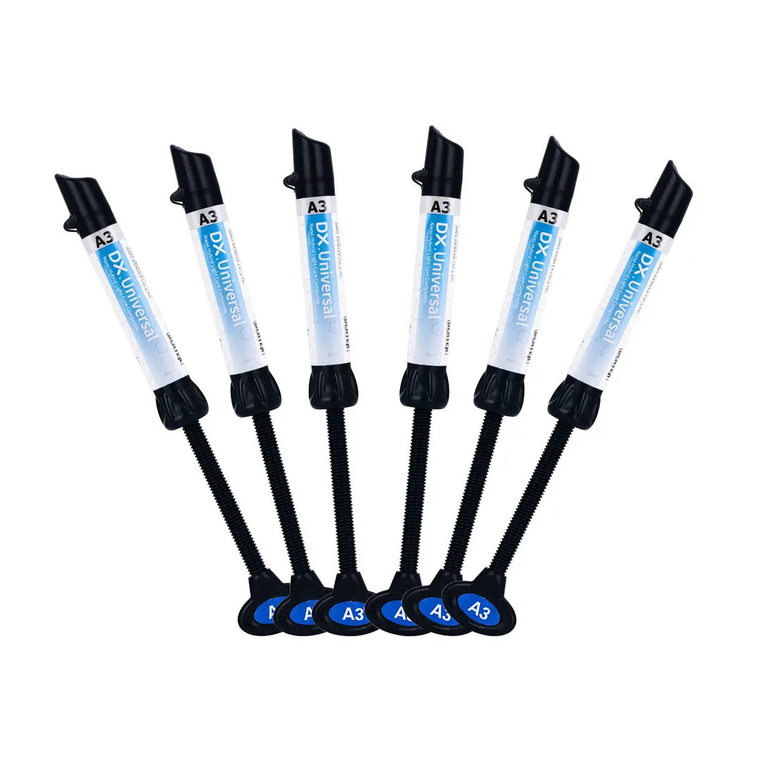 Dental Universal Nano Hybrid Light Cure Composite Resin syringes in various shades A1, A2, A3, A3.5, B1, B2. Six 4g syringes with blue labels and black plungers arranged in a fan-like display, showcasing the product's range and packaging design.