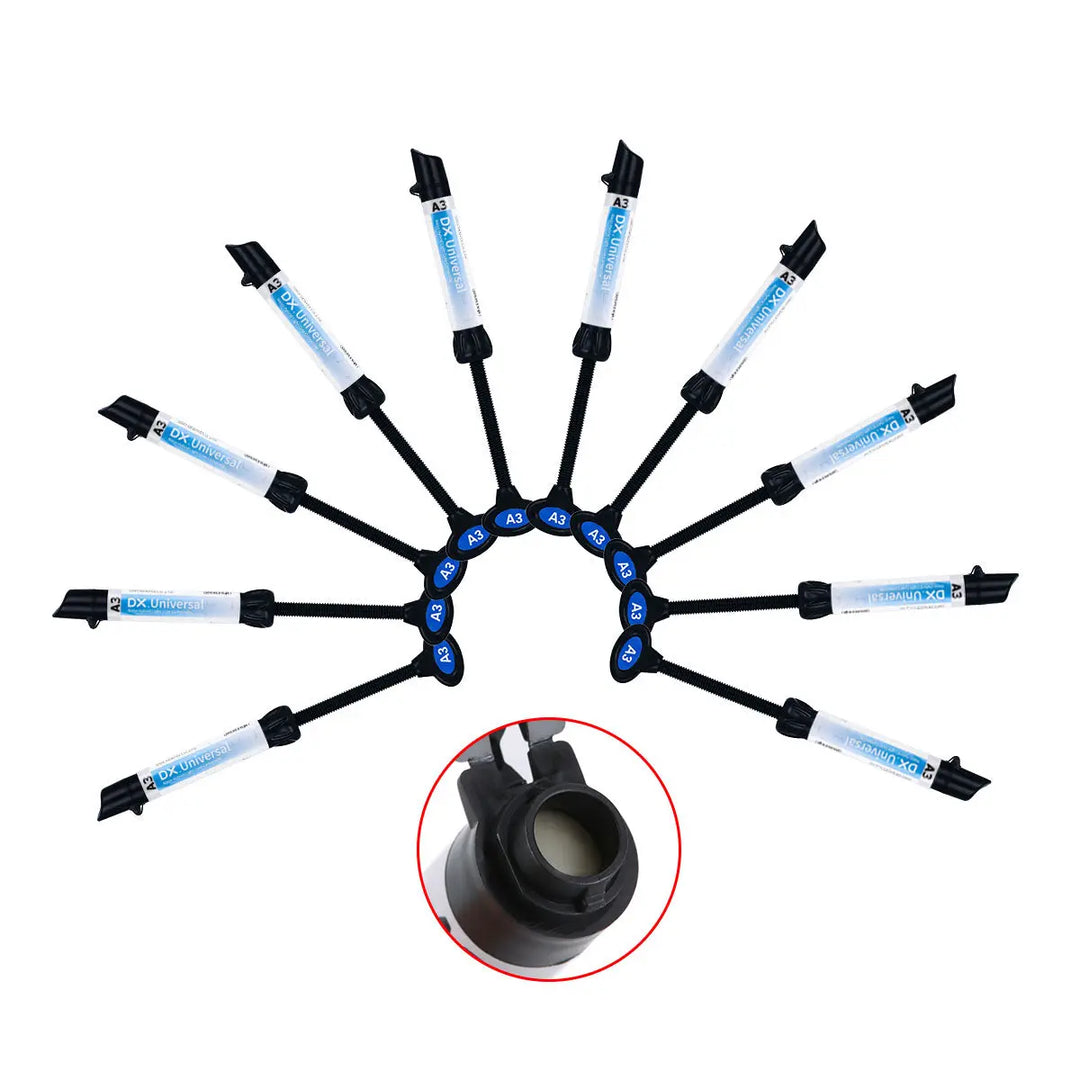 Dental Universal Nano Hybrid Light Cure Composite Resin syringes arranged in a circular fan pattern, showcasing multiple 4g units of A1/A2/A3/A3.5/B1/B2 shades for dental restorations, with a close-up insert of the syringe tip