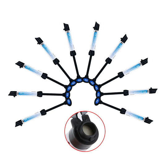 Dental Universal Nano Hybrid Light Cure Composite Resin syringes arranged in a circular fan pattern, showcasing multiple 4g units of A1/A2/A3/A3.5/B1/B2 shades for dental restorations, with a close-up insert of the syringe tip