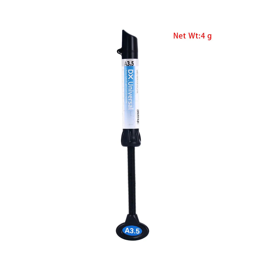 Dental Universal Nano Hybrid Light Cure Composite Resin syringe with 4g net weight. White cylindrical tube labeled A3.5, attached to black applicator tip and handle. Professional dental restoration product for direct and indirect applications.