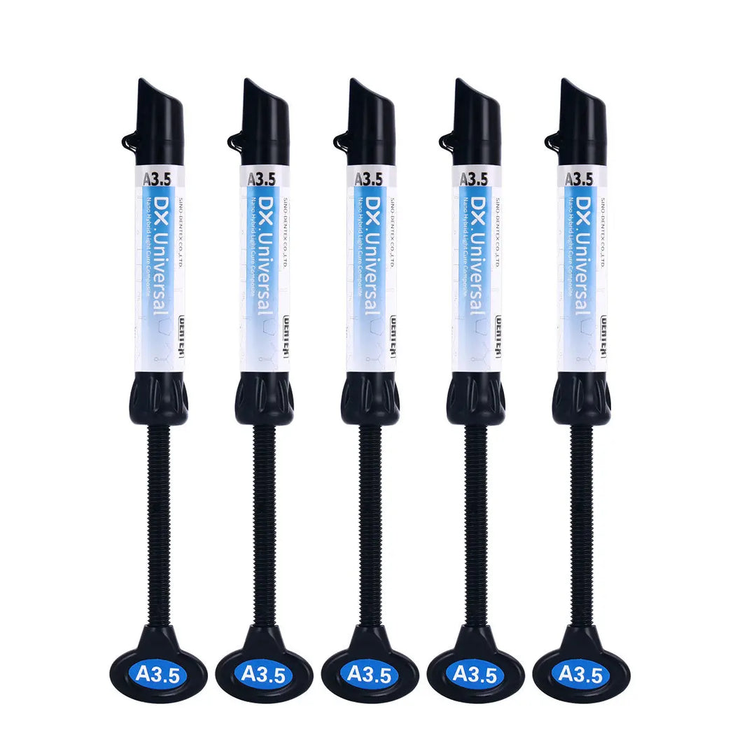 Dental Universal Nano Hybrid Light Cure Composite Resin syringes in A3.5 shade. Five blue and black syringes arranged vertically, each labeled with product details. Dental restoration material for direct and indirect applications.