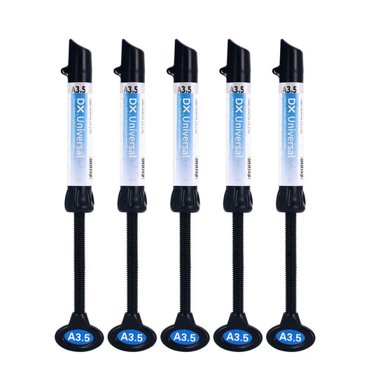 Dental Universal Nano Hybrid Light Cure Composite Resin syringes in A3.5 shade. Five blue and black syringes arranged vertically, each labeled with product details. Dental restoration material for direct and indirect applications.