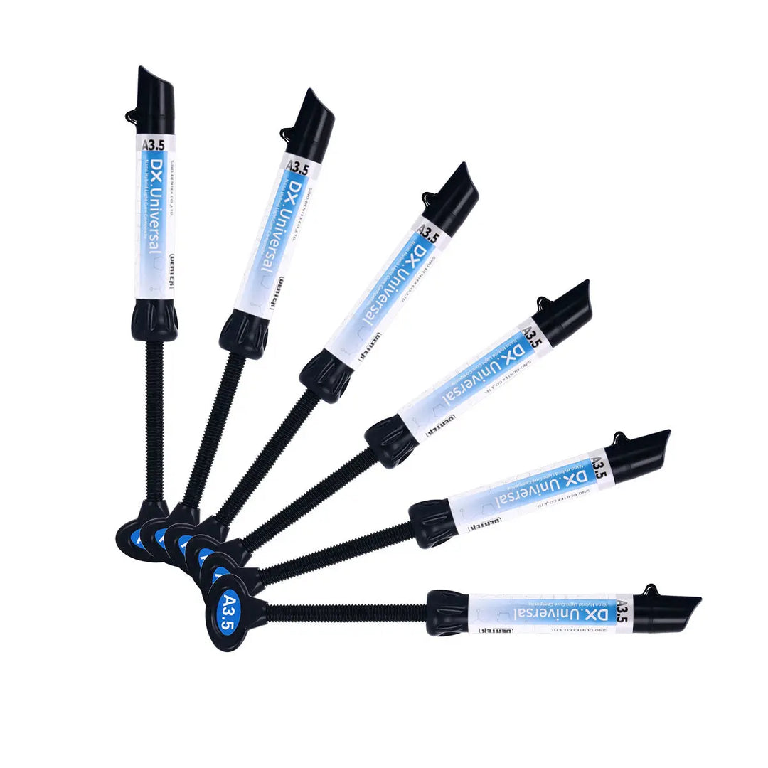 Dental Universal Nano Hybrid Light Cure Composite Resin syringes arranged in a fan pattern, showcasing multiple 4g applicators for A1/A2/A3/A3.5/B1/B2 shades. Blue-labeled product for dental restorations with black applicator tips.