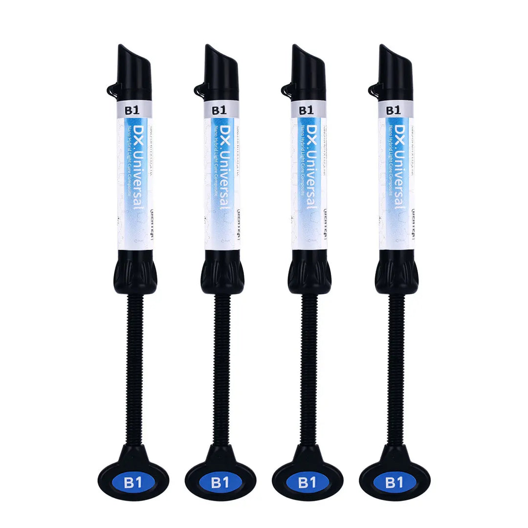 Four Dental Universal Nano Hybrid Light Cure Composite Resin syringes in B1 shade, showing blue-labeled product with black applicator tips and base, for dental restorations and various applications in dentistry