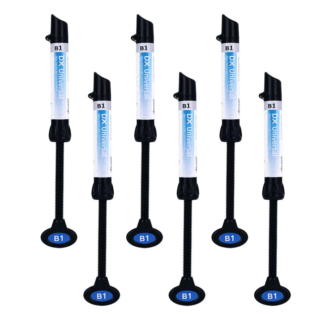 Six dental universal nano hybrid light cure composite resin syringes in B1 shade, arranged vertically with blue labels and black dispensing tips, for direct and indirect dental restorations.