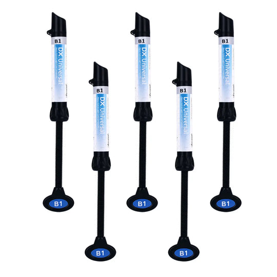 Dental Universal Nano Hybrid Light Cure Composite Resin syringes in B1 shade, showcasing five blue-labeled applicators with black dispensing tips for precise dental restorations