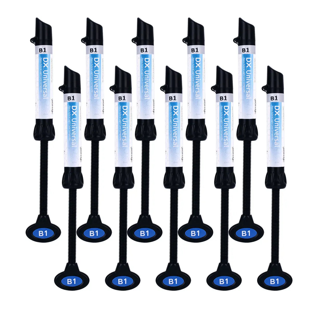 Dental Universal Nano Hybrid Light Cure Composite Resin syringes in B1 shade, showing 10 white and blue applicators with black tips and bases, arranged in two rows for dental restorations and treatments