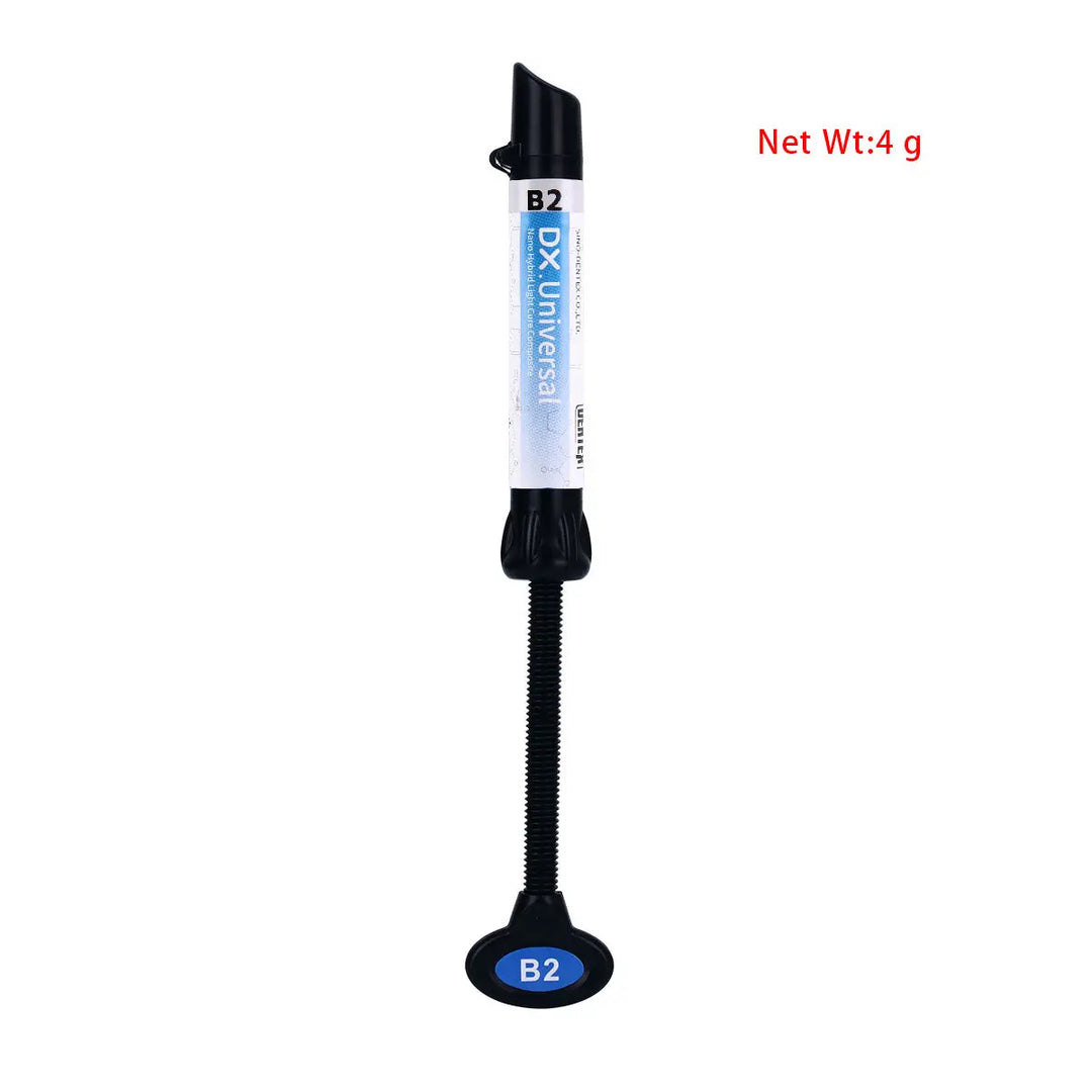 Dental Universal Nano Hybrid Light Cure Composite Resin 4g syringe in B2 shade, with blue label and black applicator tip. Product image shows net weight of 4g.