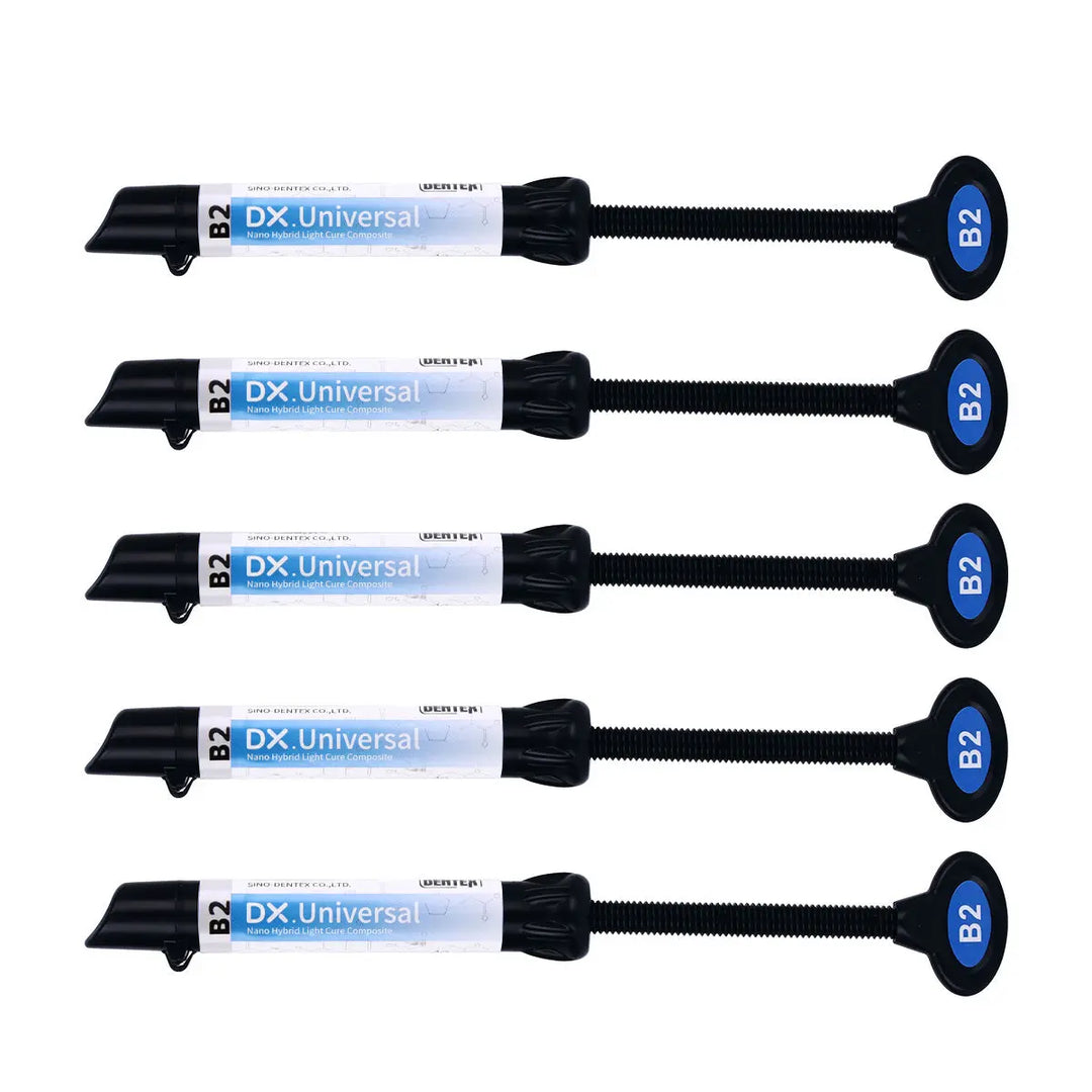 Dental Universal Nano Hybrid Light Cure Composite Resin syringes with B2 shade label, showing five white 4g syringes with black plungers and blue-labeled ends for dental restorations and treatments