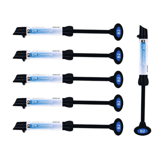 Dental Universal Nano Hybrid Light Cure Composite Resin syringes in various shades, including B2. Five horizontal syringes and one vertical syringe displayed, showing black applicator tips and blue-labeled bodies for dental restorations.