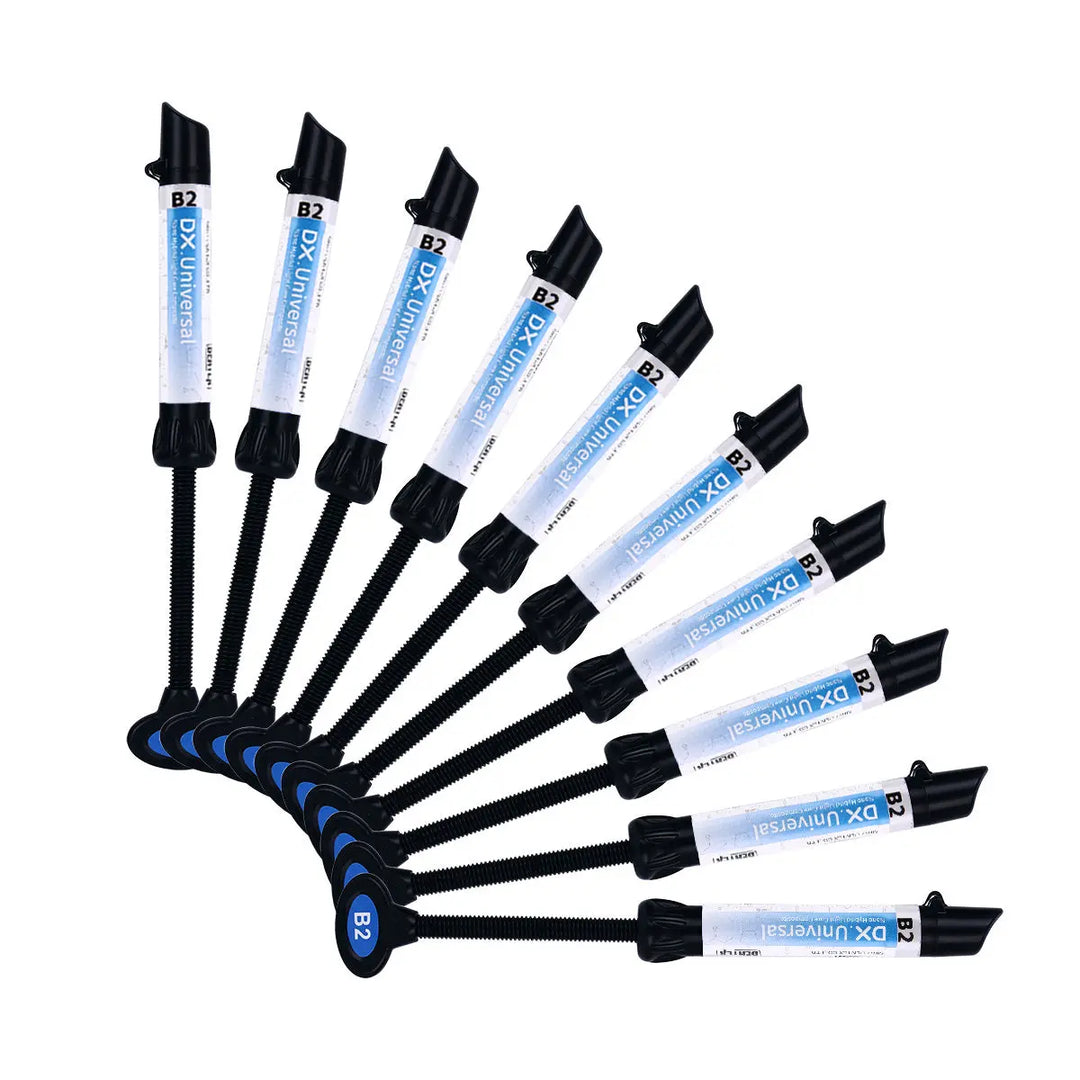 Dental Universal Nano Hybrid Light Cure Composite Resin syringes arranged in a fan shape, showing multiple shades A1/A2/A3/A3.5/B1/B2. Blue and white labeled 4g syringes with black applicator tips for precise dental restorations.