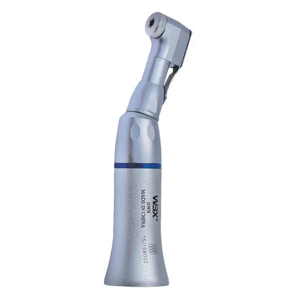 BB latch contra angle Handpiece: Dental low speed handpiece with external water spray, silver and blue design, angled head for precision work, compatible with clip-type burs, suitable for various dental procedures