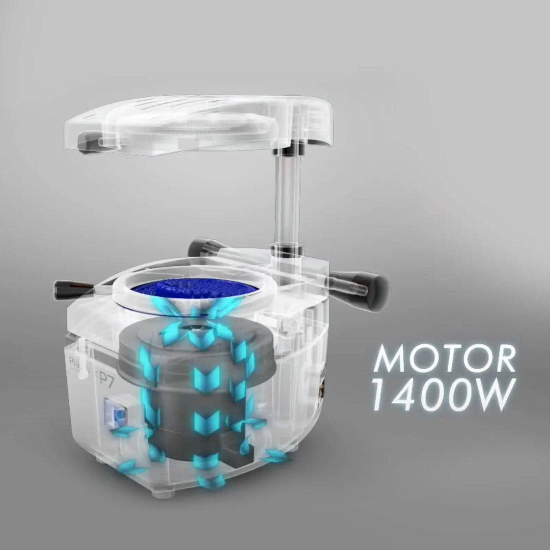 BIOART Dental Vacuum Forming Machine PLASTVAC-P7 with transparent body, showing internal 1400W motor and blue illuminated components for dental laboratory thermoforming processes