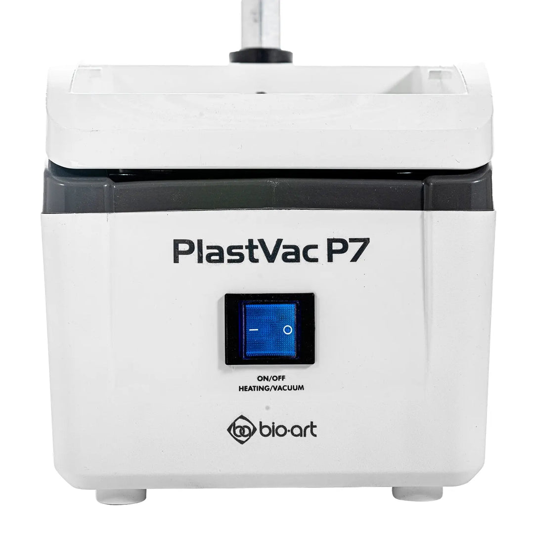 BIOART Dental Vacuum Forming Machine PlastVac P7 with digital display and controls, white exterior, designed for thermoforming dental appliances and laboratory heat molding equipment