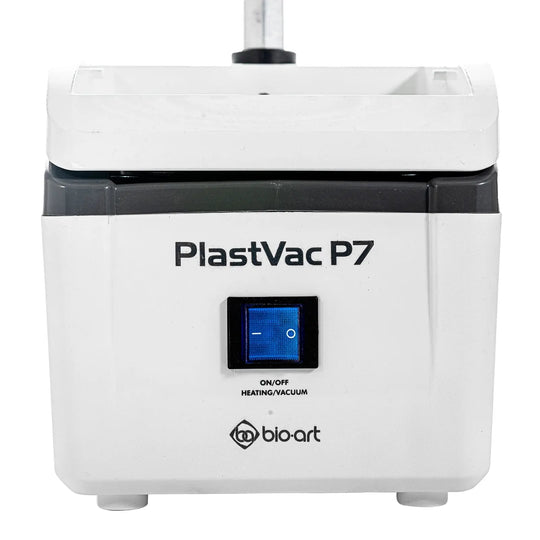 BIOART Dental Vacuum Forming Machine PlastVac P7 with digital display and controls, white exterior, designed for thermoforming dental appliances and laboratory heat molding equipment