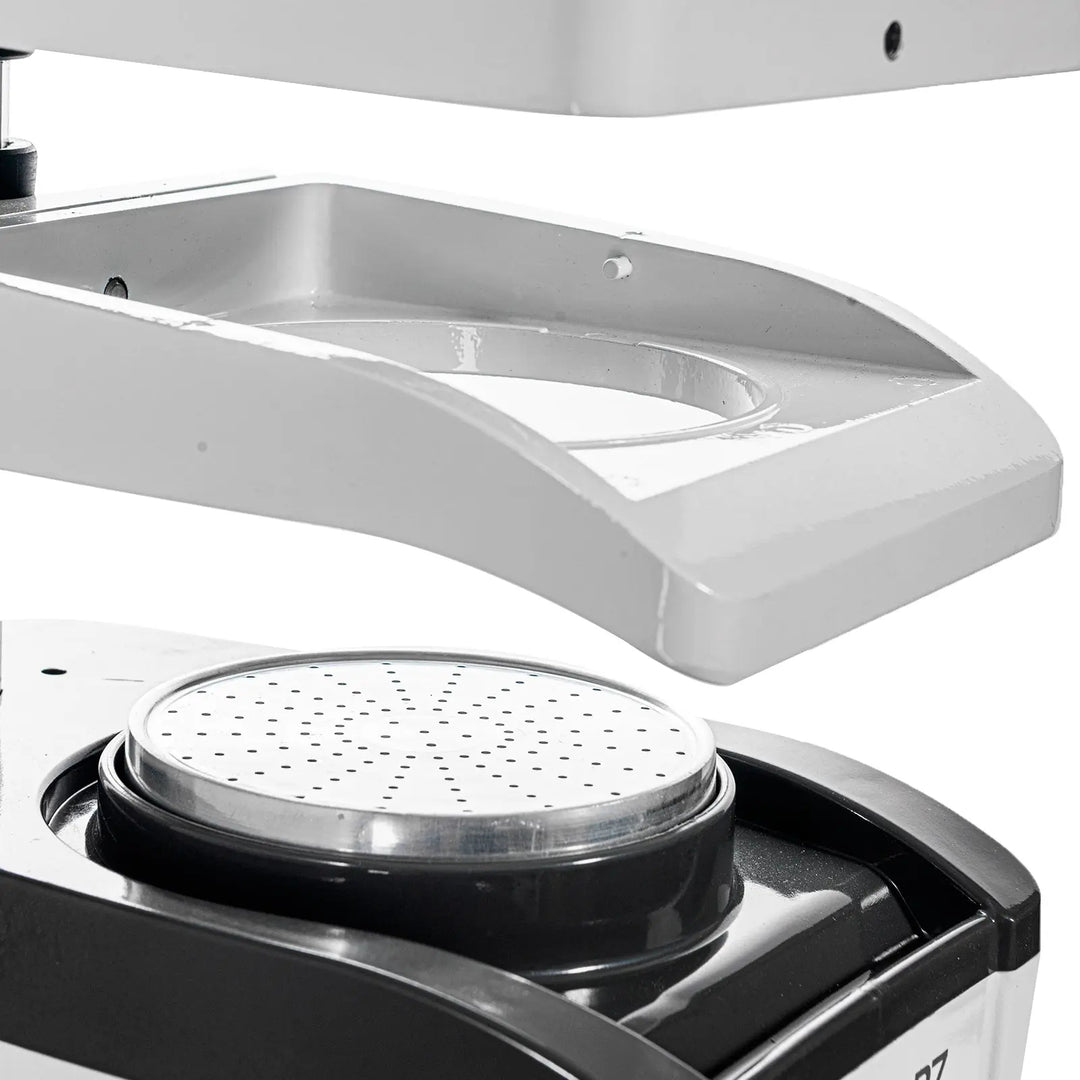 BIOART Dental Vacuum Forming Machine Laboratory Heat Molding Equipment PLASTVAC-P7 with white base, curved tray, and circular perforated plate for thermoforming dental materials and appliances.