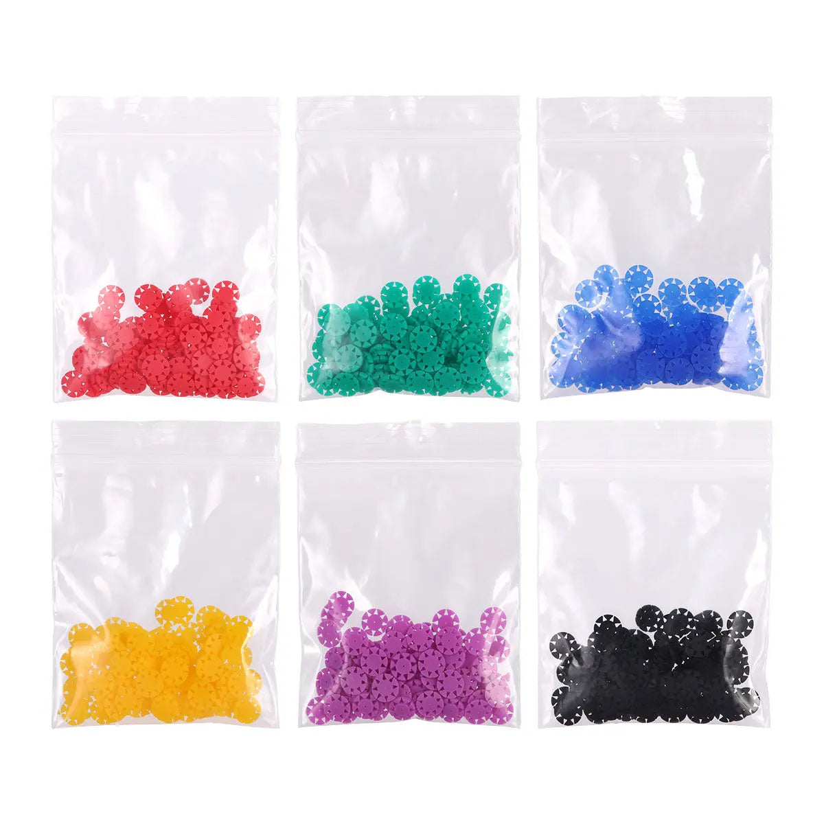 Dental Root Canal File Disinfection Marking Circle Ring Counting Stopper 100pcs/Bag 6 Colors displayed in clear plastic bags, showing red, green, blue, yellow, purple, and black silicone rings for dental procedures, neatly arranged in a grid format