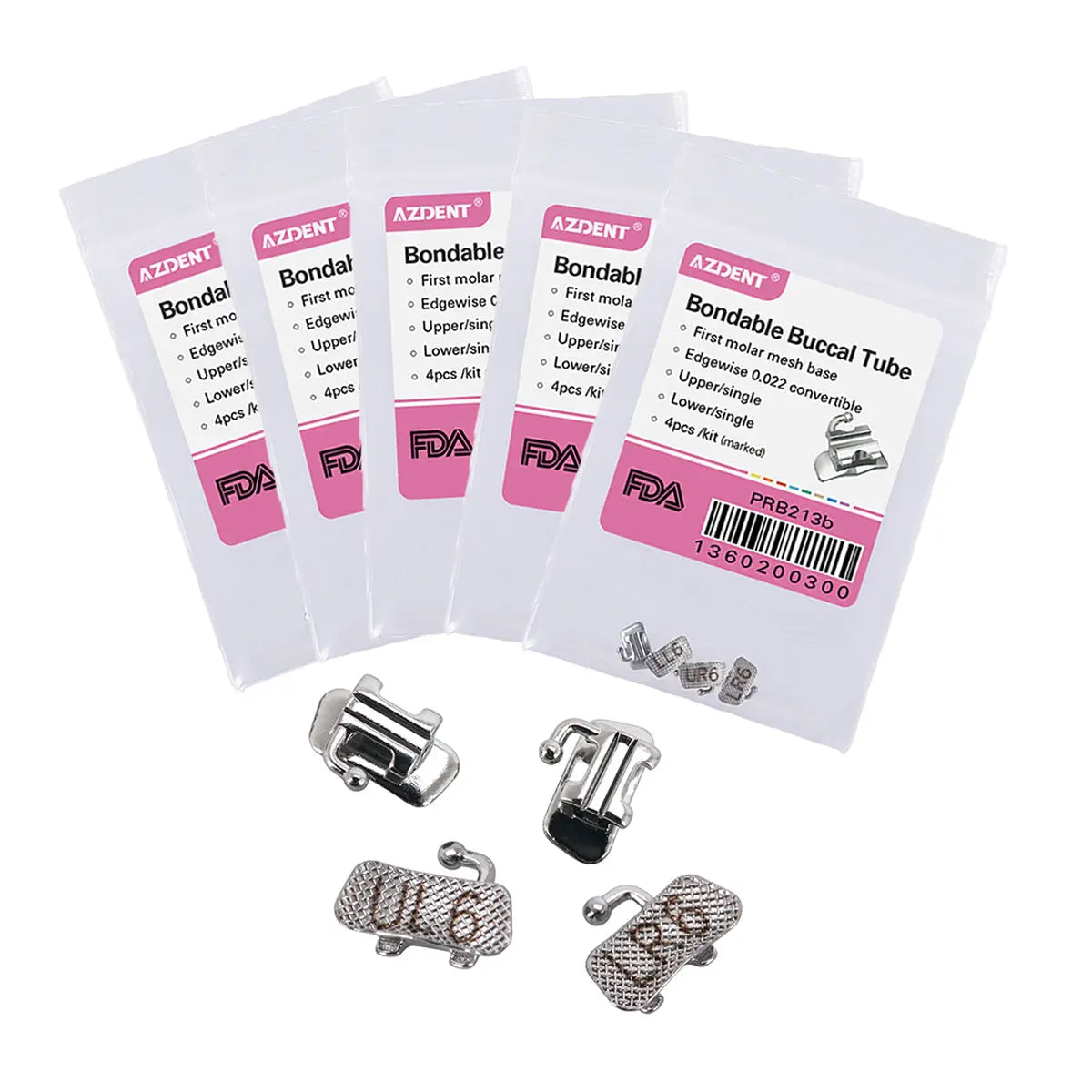 Buccal Tube 1st Molar Bondable Convertible U1L1 Edgewise 0.022 4/Bag displayed with packaging and product samples. Image shows five pink-labeled white packages of Azdent brand bondable buccal tubes, along with four metal orthodontic attachments including convertible tubes and mesh bases.