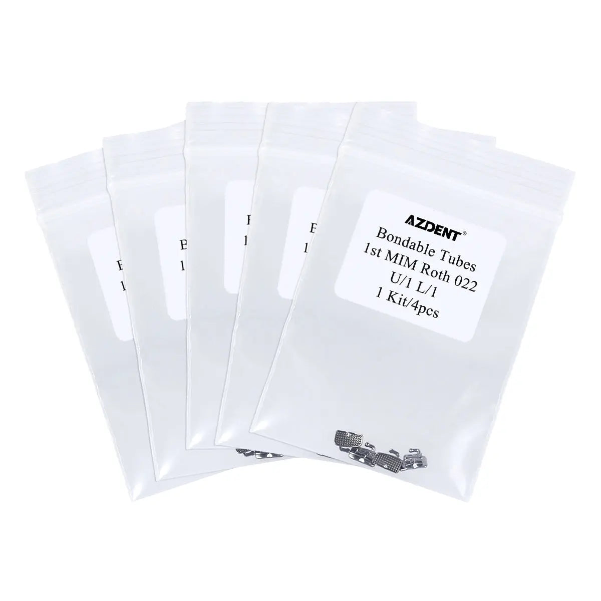 Four white packaging bags containing Bondable Tube 1st MIM Monoblock Roth 0.022 Laser Mark 4/Bag orthodontic products, labeled with product details and Azdent brand name, arranged in a fanned display on a white background.