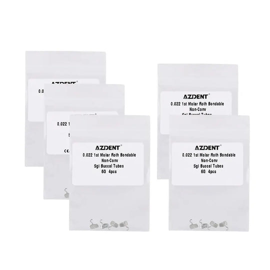 Four white plastic bags containing AZDENT 1st Molar Bondable Tube with Sliding Crimpable Hook Roth 0.022, each labeled with product details. Bags are transparent with printed text, arranged in a group showcasing dental orthodontic supplies for Shopify product listing.