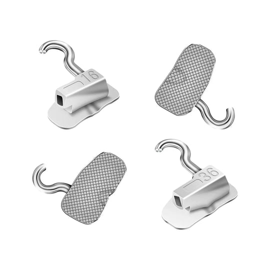 1st Molar Bondable Tube with Sliding Crimpable Hook Roth 0.022 4/Bag: Four stainless steel orthodontic buccal tubes with sliding hooks, showcasing textured base and smooth curved hooks. Two tubes shown from side view, two from top view, displaying precise design for dental applications.