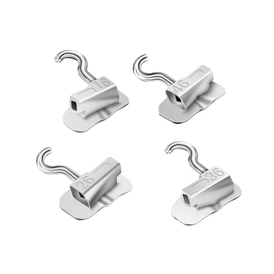 1st Molar Bondable Tube with Sliding Crimpable Hook Roth 0.022 4/Bag - Four silver orthodontic dental tubes with curved hooks and rectangular slots, designed for bonding to molars. Each tube has a flat base and engraved numbers visible.